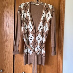 LOFT Brown and Cream Argyle Cardigan Sweater